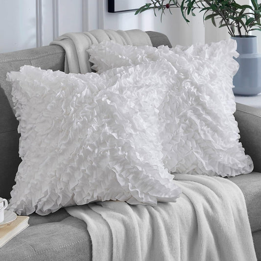 18X18 Pillow Covers, Cushion Throw Pillow Cover Pillowcase Set of 2, Farmhouse Decorative Cushion Case, 3D Design Handmade Pillowcase with Ruffles, White