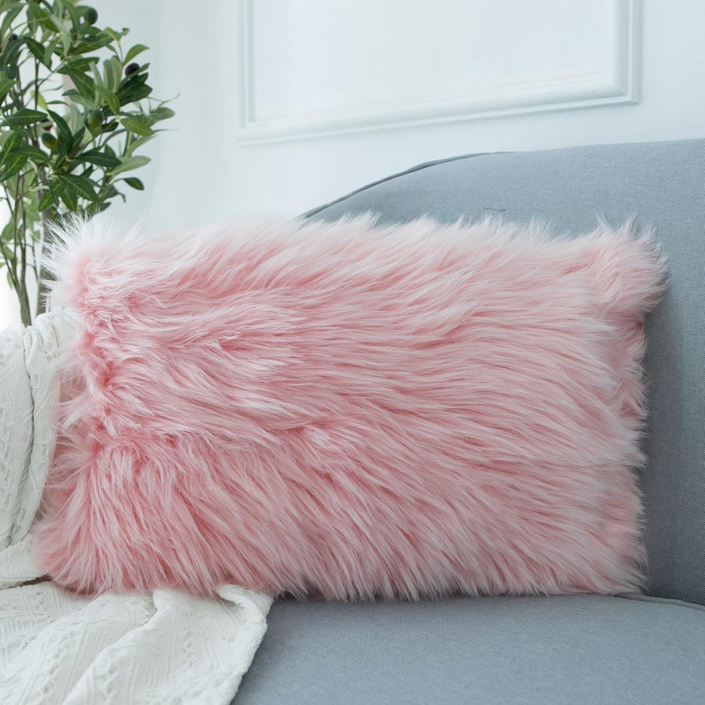 Decorative Lumbar Soft Faux Fur Throw Pillow Cover Luxury Series Rectangle Plush Pillow Case Cushion Cover for Couch Sofa Bed (12" X 20", White)