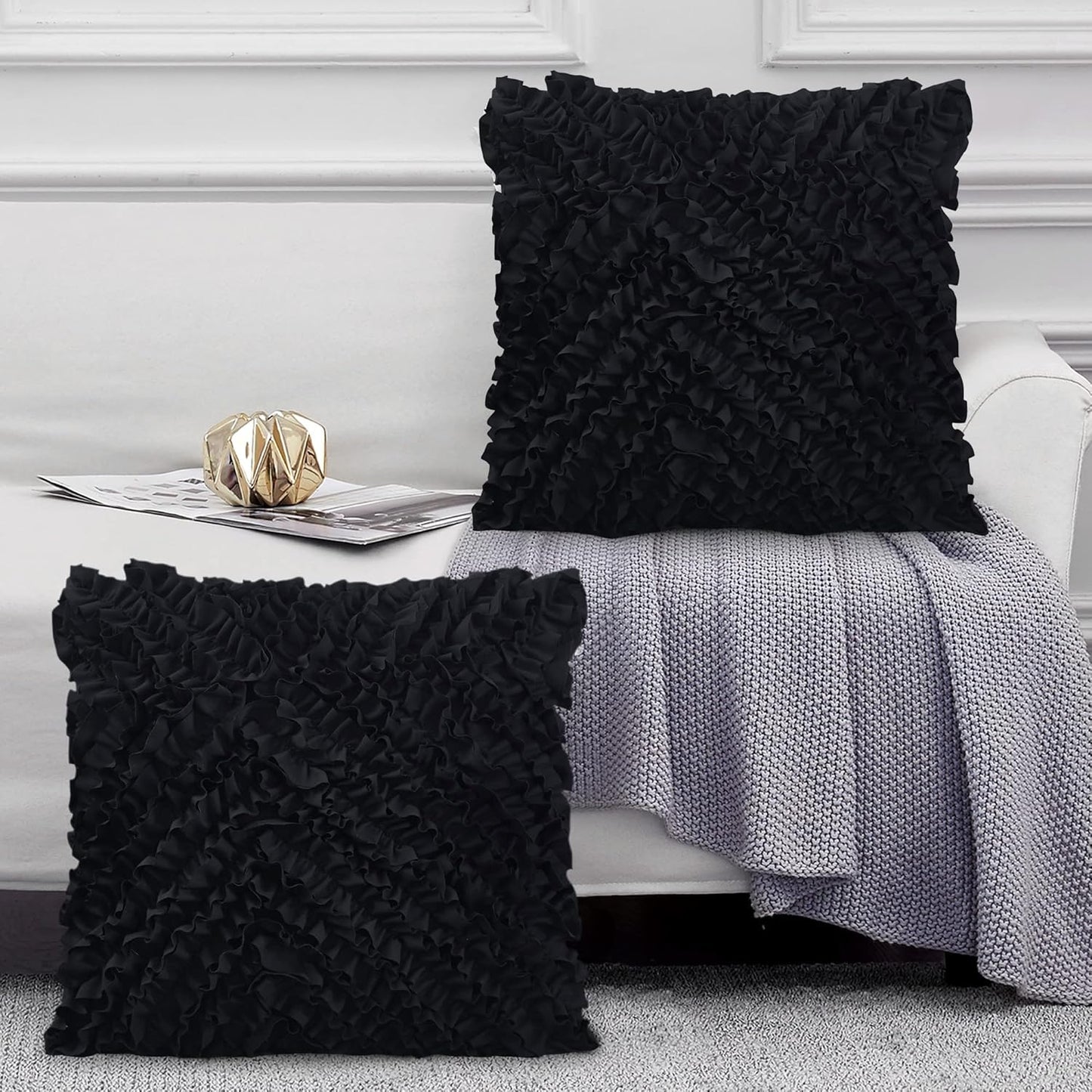 18X18 Pillow Covers, Cushion Throw Pillow Cover Pillowcase Set of 2, Farmhouse Decorative Cushion Case, 3D Design Handmade Pillowcase with Ruffles, White