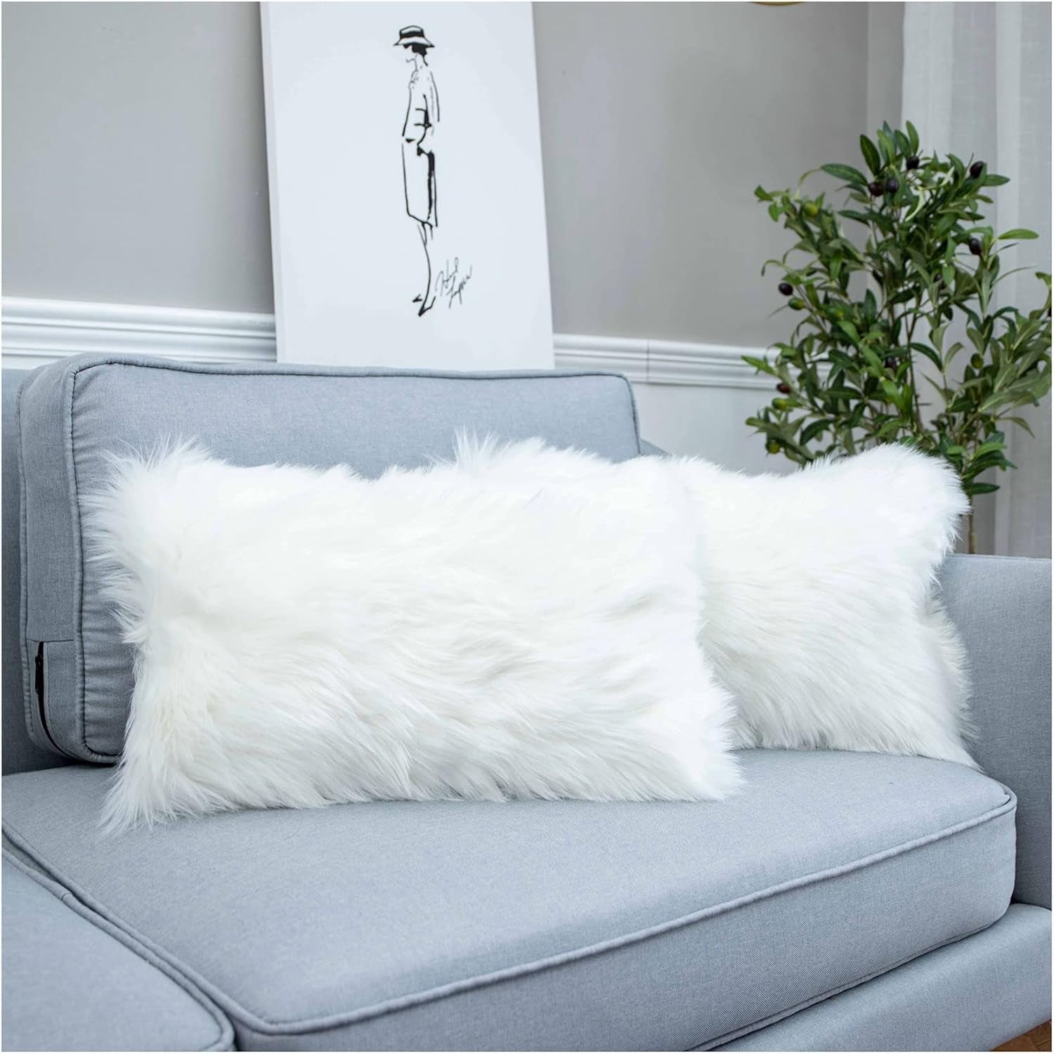 Decorative Lumbar Soft Faux Fur Throw Pillow Cover Luxury Series Rectangle Plush Pillow Case Cushion Cover for Couch Sofa Bed (12" X 20", White)