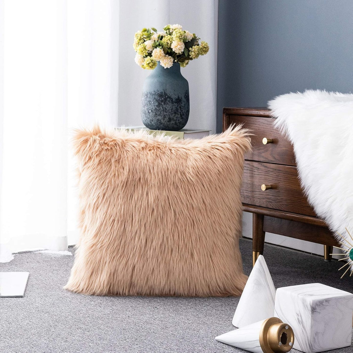 Decorative Lumbar Soft Faux Fur Throw Pillow Cover Luxury Series Rectangle Plush Pillow Case Cushion Cover for Couch Sofa Bed (12" X 20", White)