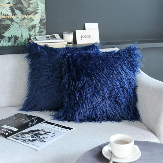 Kevin Textile Set of 2 Decorative New Luxury Series Merino Style Navy Blue Fur Throw Pillow Cover Cushion Case Pillow Case for Sofa/Couch (18" X 18" 45Cm X 45Cm) Navy Blue
