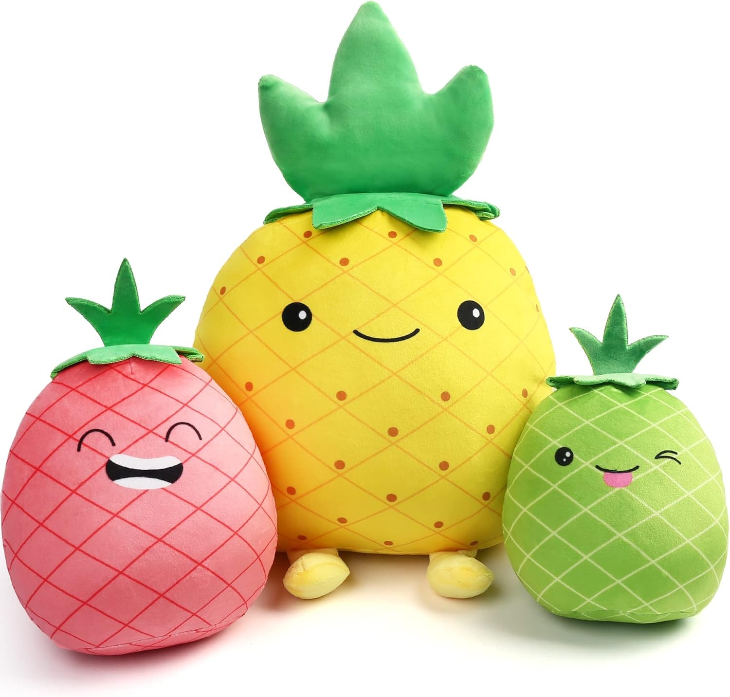 Pineapple Plush Toy, Set of 3, 12", 7" and 6'' Squishy Stuffed Animal Toys, Fruit Plushies, Fun Plush Pillow, Easter Basket Stuffers, Ms Sweety and Baby Pineapples