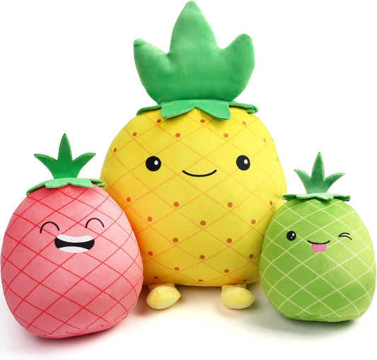 Pineapple Plush Toy, Set of 3, 12", 7" and 6'' Squishy Stuffed Animal Toys, Fruit Plushies, Fun Plush Pillow, Easter Basket Stuffers, Ms Sweety and Baby Pineapples