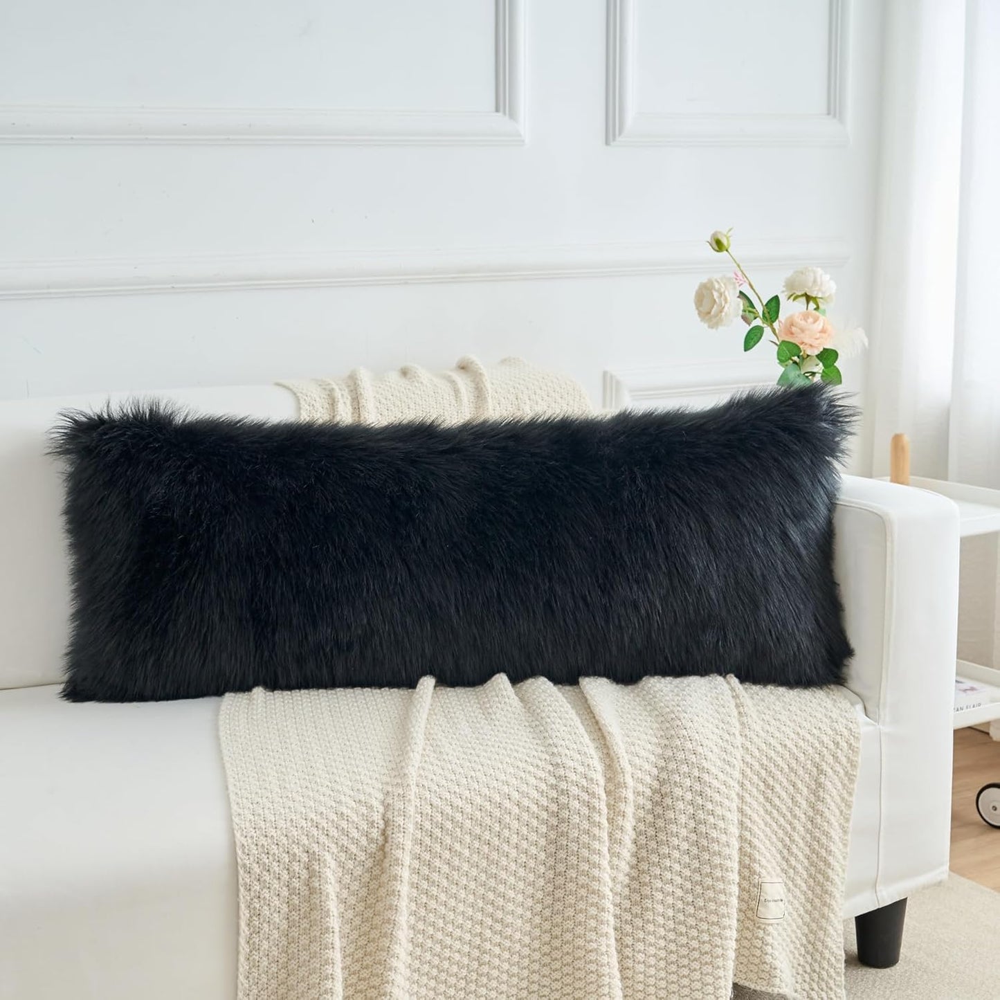 Decorative Lumbar Soft Faux Fur Throw Pillow Cover Luxury Series Rectangle Plush Pillow Case Cushion Cover for Couch Sofa Bed (12" X 20", White)