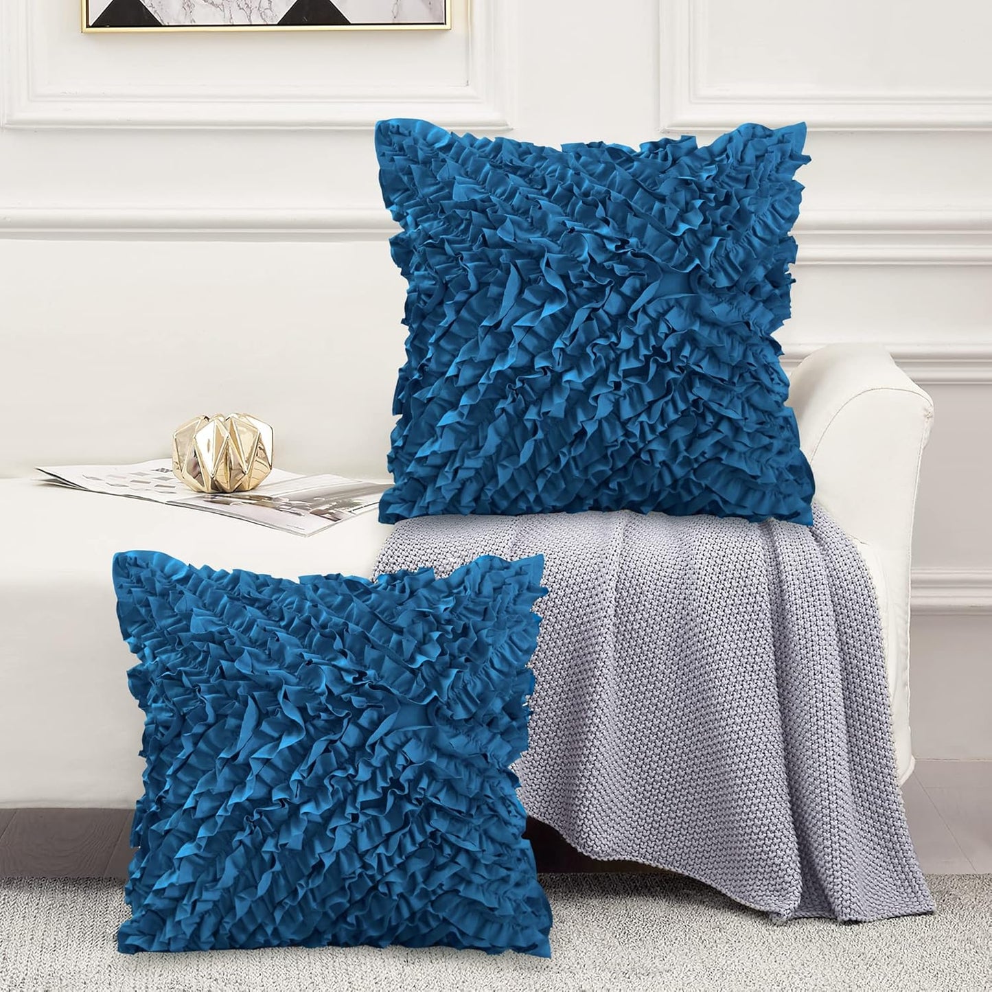 18X18 Pillow Covers, Cushion Throw Pillow Cover Pillowcase Set of 2, Farmhouse Decorative Cushion Case, 3D Design Handmade Pillowcase with Ruffles, White