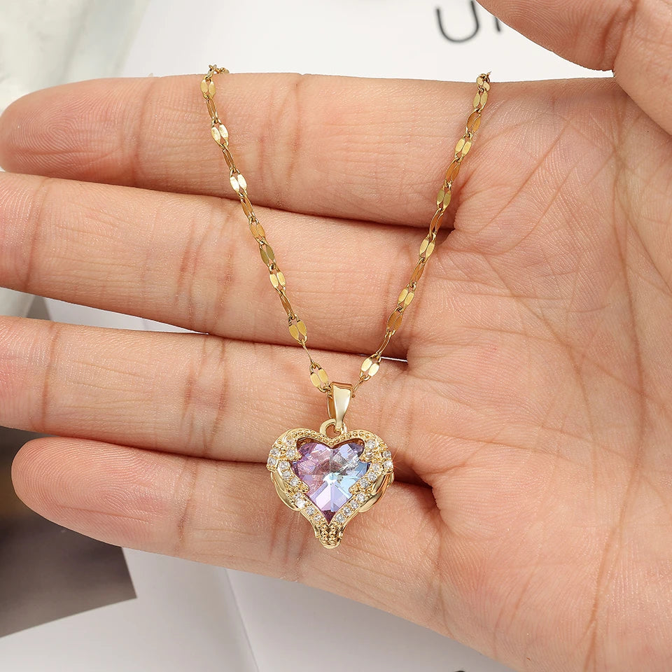 Romance Heart Stainless Steel Cubic Zirconia Necklaces for Women Gold Color Shiny Crystal Necklace Party Daily Jewelry