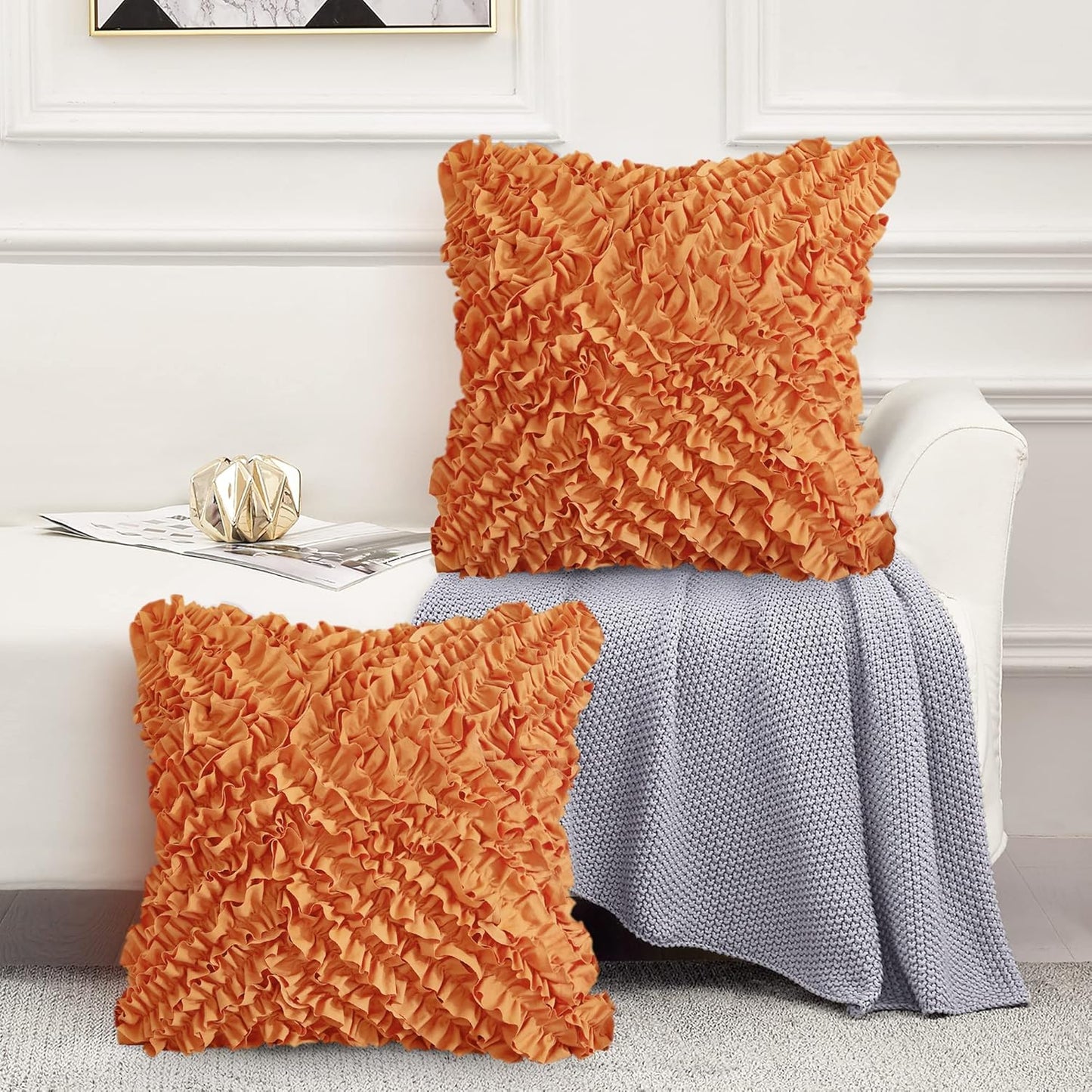 18X18 Pillow Covers, Cushion Throw Pillow Cover Pillowcase Set of 2, Farmhouse Decorative Cushion Case, 3D Design Handmade Pillowcase with Ruffles, White