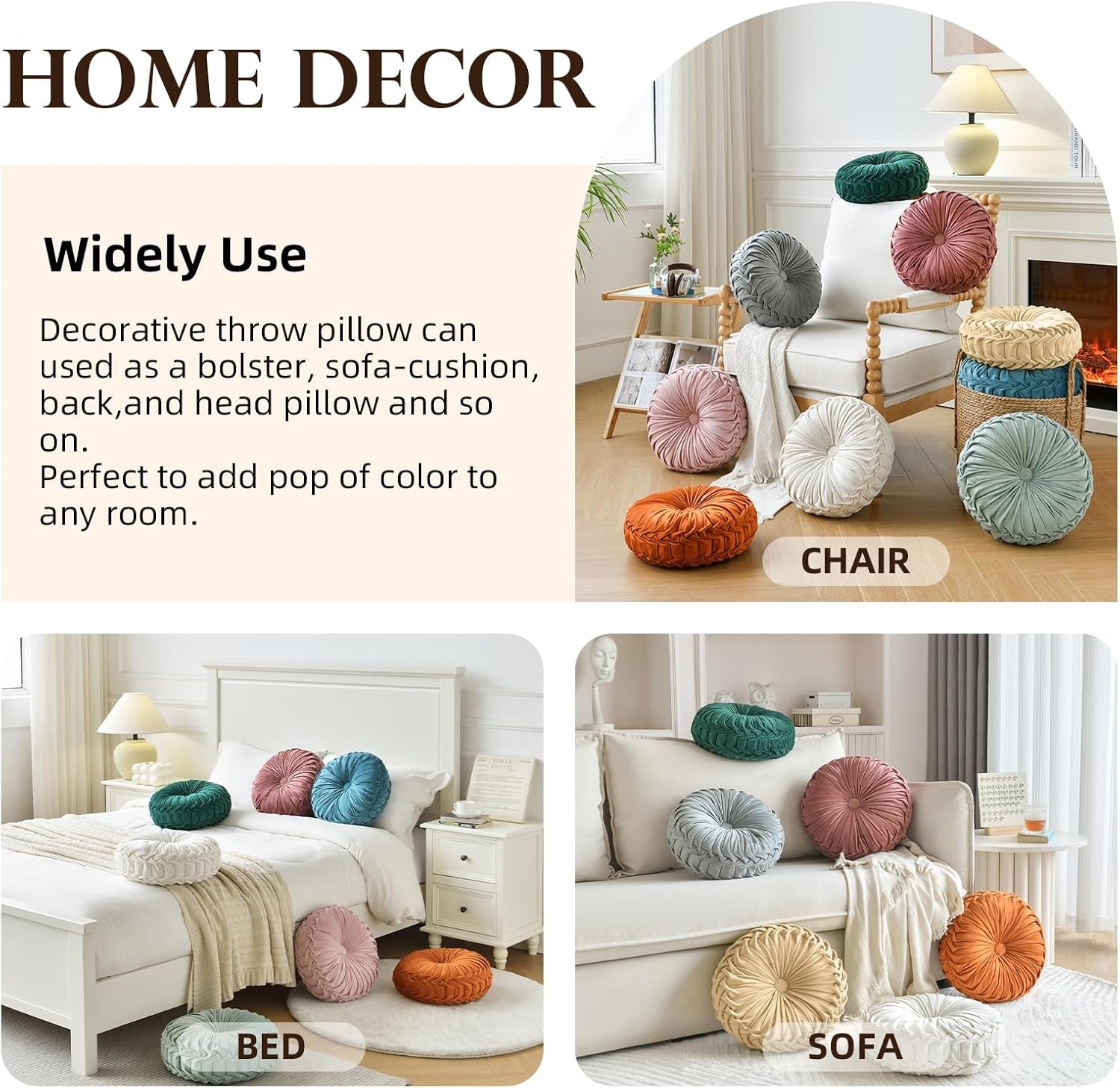 Round Throw Pillow Velvet Home Decoration Pleated round Pillow Cushion for Couch Chair Bed Car Grey (Apricot)