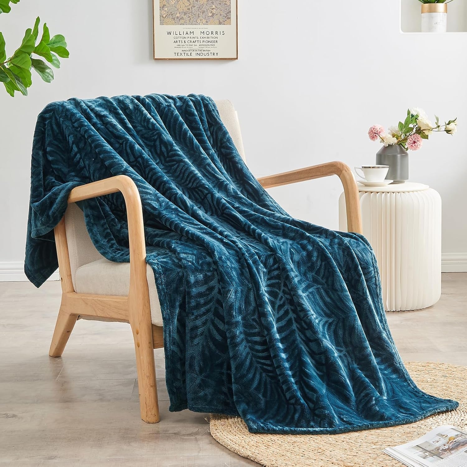Super Soft Flannel Fleece Bed Blanket, Lightweight Cozy Warm Leaves Textured Plush Blanket as Bedspread Coverlet Bed Cover for All Seasons, 90 X 90 Inches, Blue Coral