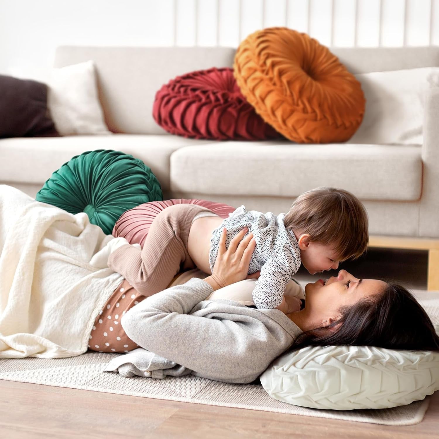 Round Throw Pillow Velvet Home Decoration Pleated round Pillow Cushion for Couch Chair Bed Car Grey (Apricot)
