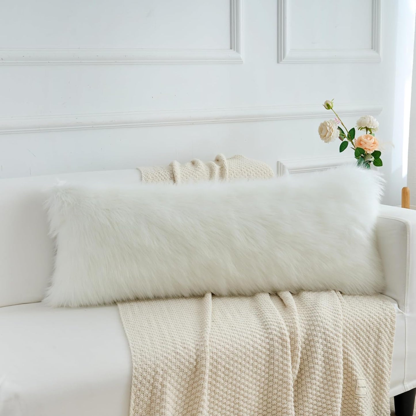 Decorative Lumbar Soft Faux Fur Throw Pillow Cover Luxury Series Rectangle Plush Pillow Case Cushion Cover for Couch Sofa Bed (12" X 20", White)