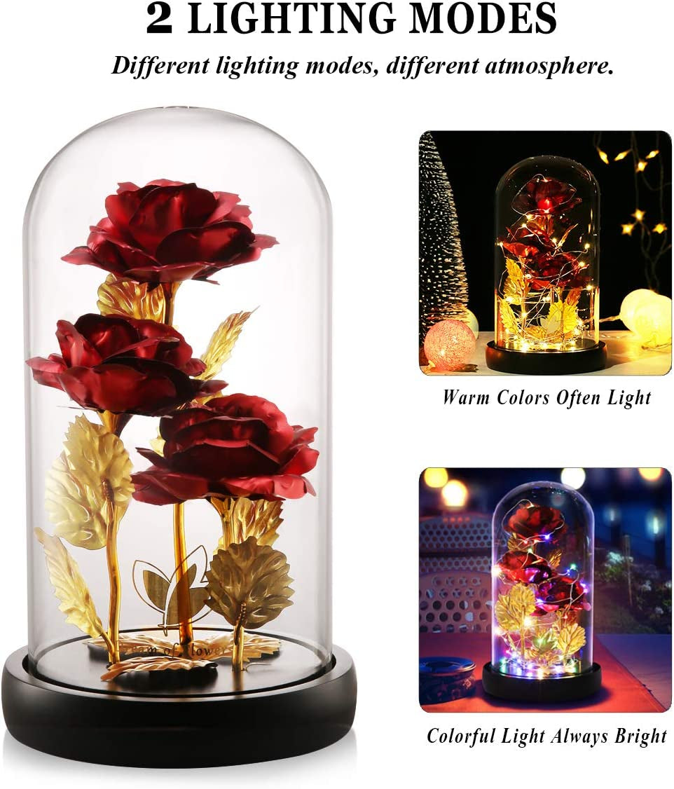 Birthday Gifts for Women,Anniversary Rose Gifts for Wife,Galaxy Flower Rose with 2 Lighting Mode,Colorful Gold Foil Enchanted Rose in Glass Dome,Flower Rose Gifts for Mom Wife Girlfriend Sister Friend