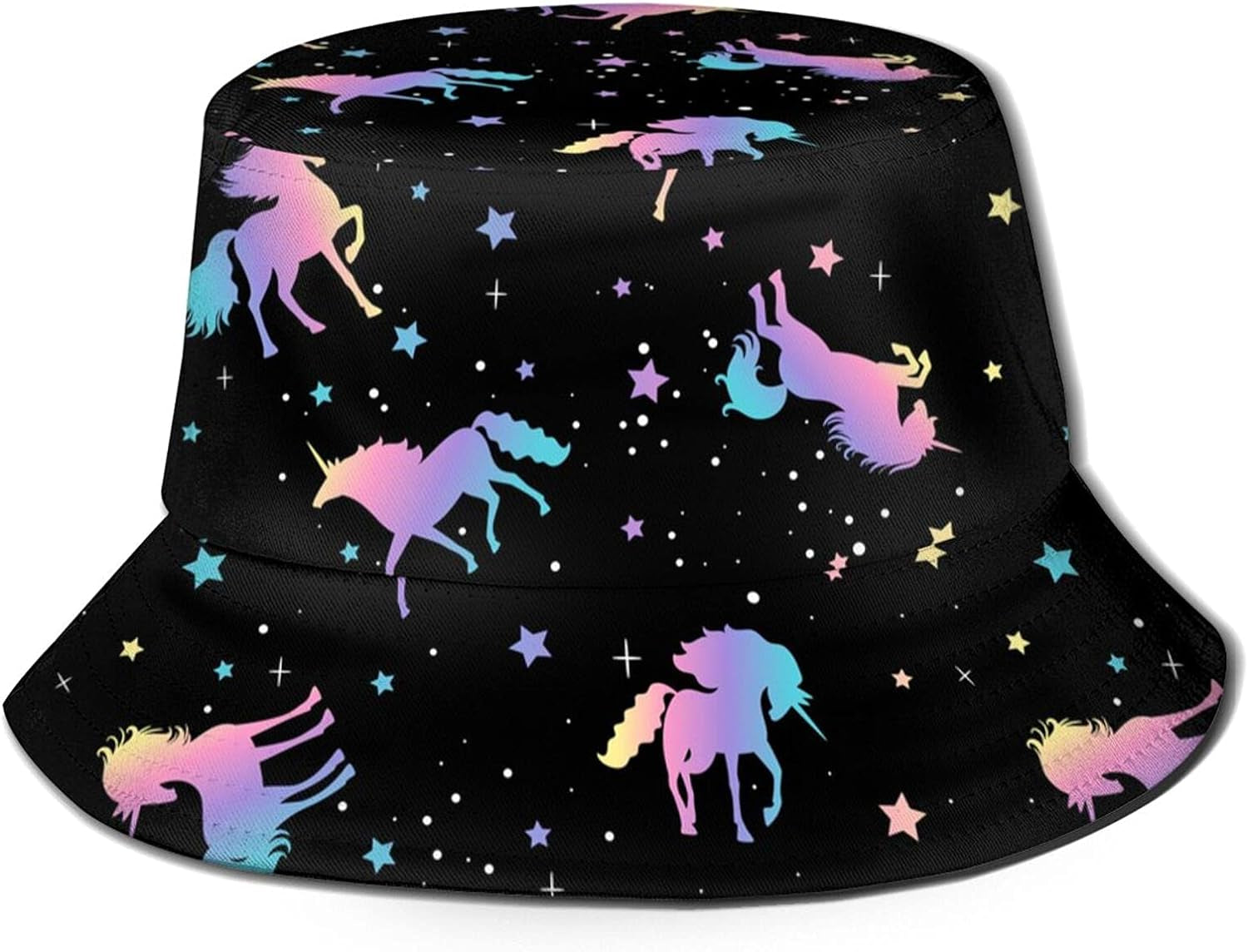 Unicorn and Star Silhouettes Pattern Bucket Hats Fashion Sun Cap Packable Outdoor Fisherman Hat for Women and Men