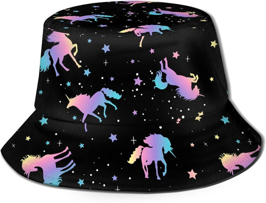 Unicorn and Star Silhouettes Pattern Bucket Hats Fashion Sun Cap Packable Outdoor Fisherman Hat for Women and Men